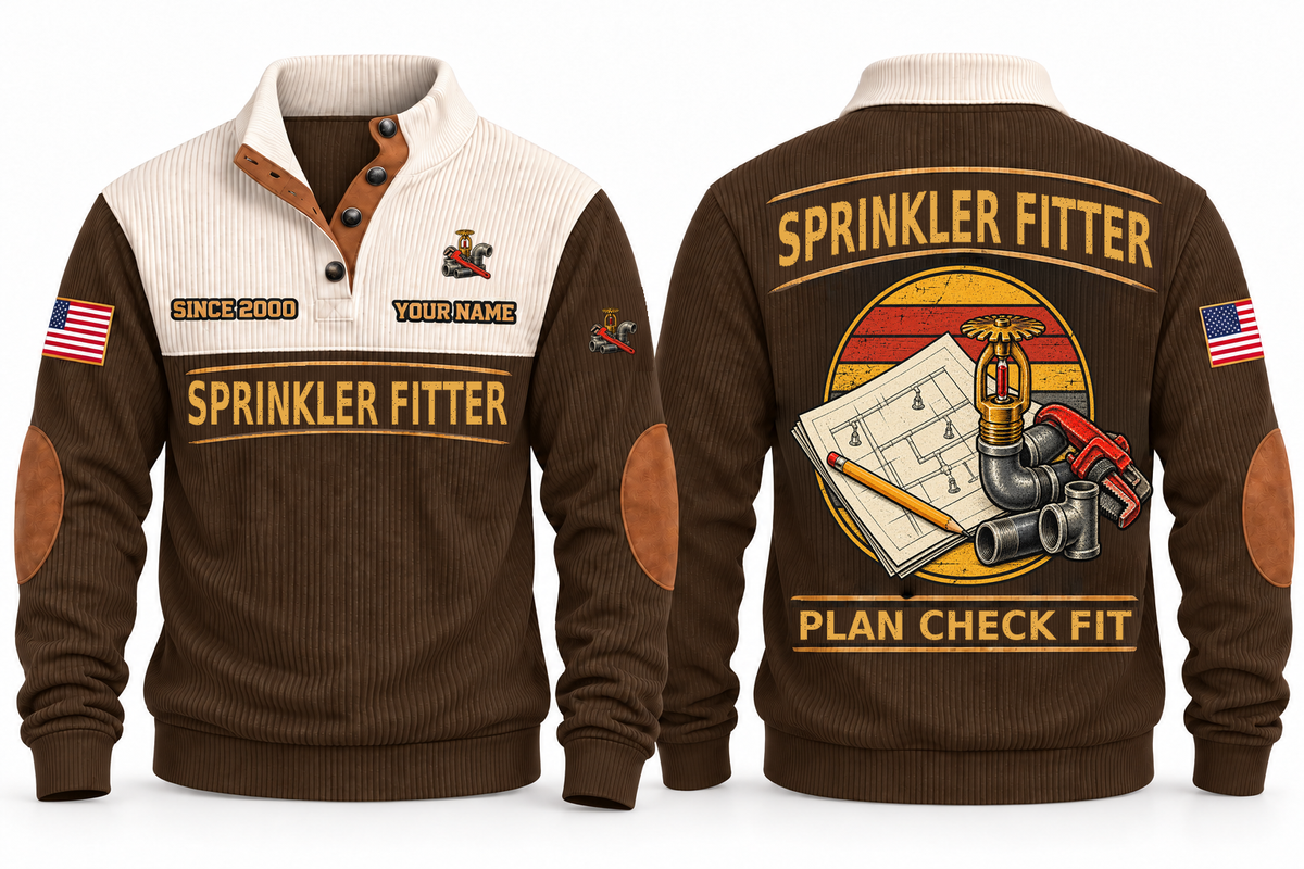 Sprinkler Fitter Plan Check Fit Sports Sweatshirt in Brown, original front and back views. A fire sprinkler head, steel pipe fittings and a pipe wrench over a plan sheet and pencil within a distressed sunset roundel. SPRINKLER FITTER and PLAN CHECK FIT lettering; YOUR NAME and SINCE 2000 are fixed illustrative sample text.