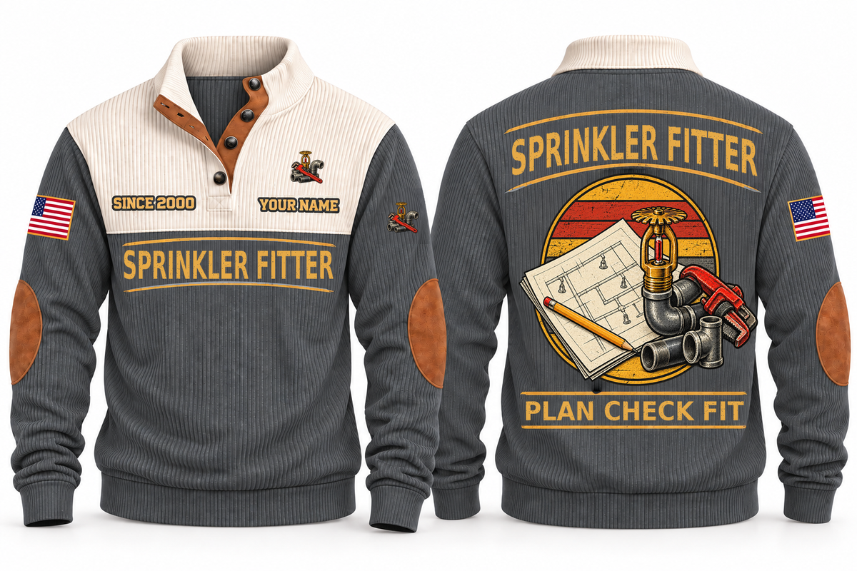 Sprinkler Fitter Plan Check Fit Sports Sweatshirt in Grey, original front and back views. A fire sprinkler head, steel pipe fittings and a pipe wrench over a plan sheet and pencil within a distressed sunset roundel. SPRINKLER FITTER and PLAN CHECK FIT lettering; YOUR NAME and SINCE 2000 are fixed illustrative sample text.