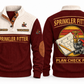 Sprinkler Fitter Plan Check Fit Sports Sweatshirt in Jujube Red, original front and back views. A fire sprinkler head, steel pipe fittings and a pipe wrench over a plan sheet and pencil within a distressed sunset roundel. SPRINKLER FITTER and PLAN CHECK FIT lettering; YOUR NAME and SINCE 2000 are fixed illustrative sample text.