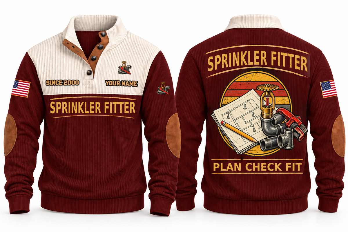 Sprinkler Fitter Plan Check Fit Sports Sweatshirt in Jujube Red, original front and back views. A fire sprinkler head, steel pipe fittings and a pipe wrench over a plan sheet and pencil within a distressed sunset roundel. SPRINKLER FITTER and PLAN CHECK FIT lettering; YOUR NAME and SINCE 2000 are fixed illustrative sample text.