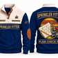 Sprinkler Fitter Plan Check Fit Sports Sweatshirt in Navy, original front and back views. A fire sprinkler head, steel pipe fittings and a pipe wrench over a plan sheet and pencil within a distressed sunset roundel. SPRINKLER FITTER and PLAN CHECK FIT lettering; YOUR NAME and SINCE 2000 are fixed illustrative sample text.