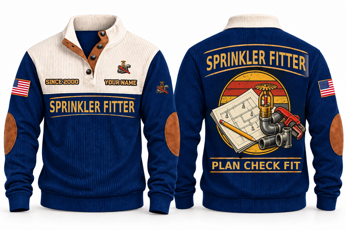 Sprinkler Fitter Plan Check Fit Sports Sweatshirt in Navy, original front and back views. A fire sprinkler head, steel pipe fittings and a pipe wrench over a plan sheet and pencil within a distressed sunset roundel. SPRINKLER FITTER and PLAN CHECK FIT lettering; YOUR NAME and SINCE 2000 are fixed illustrative sample text.