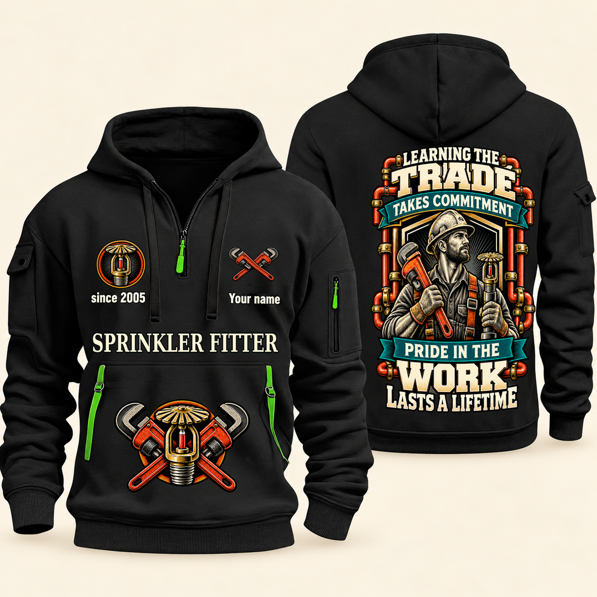 Sprinkler Fitter Pride in the Trade Quarter-Zip Hoodie in Black, authentic overlapping front and back views with sprinkler fitter artwork and source sample name/year lettering.