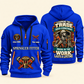 Sprinkler Fitter Pride in the Trade Quarter-Zip Hoodie in Blue, authentic overlapping front and back views with sprinkler fitter artwork and source sample name/year lettering.