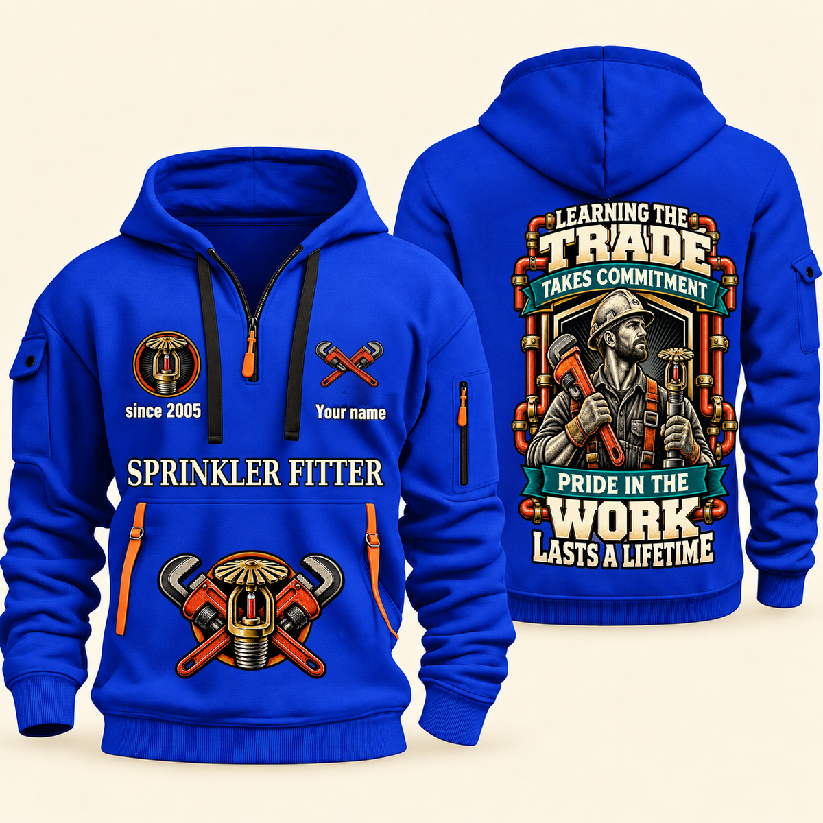 Sprinkler Fitter Pride in the Trade Quarter-Zip Hoodie in Blue, authentic overlapping front and back views with sprinkler fitter artwork and source sample name/year lettering.