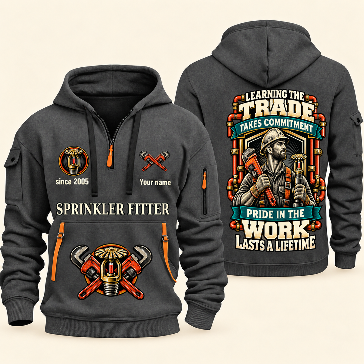 Sprinkler Fitter Pride in the Trade Quarter-Zip Hoodie in Gray, authentic overlapping front and back views with sprinkler fitter artwork and source sample name/year lettering.