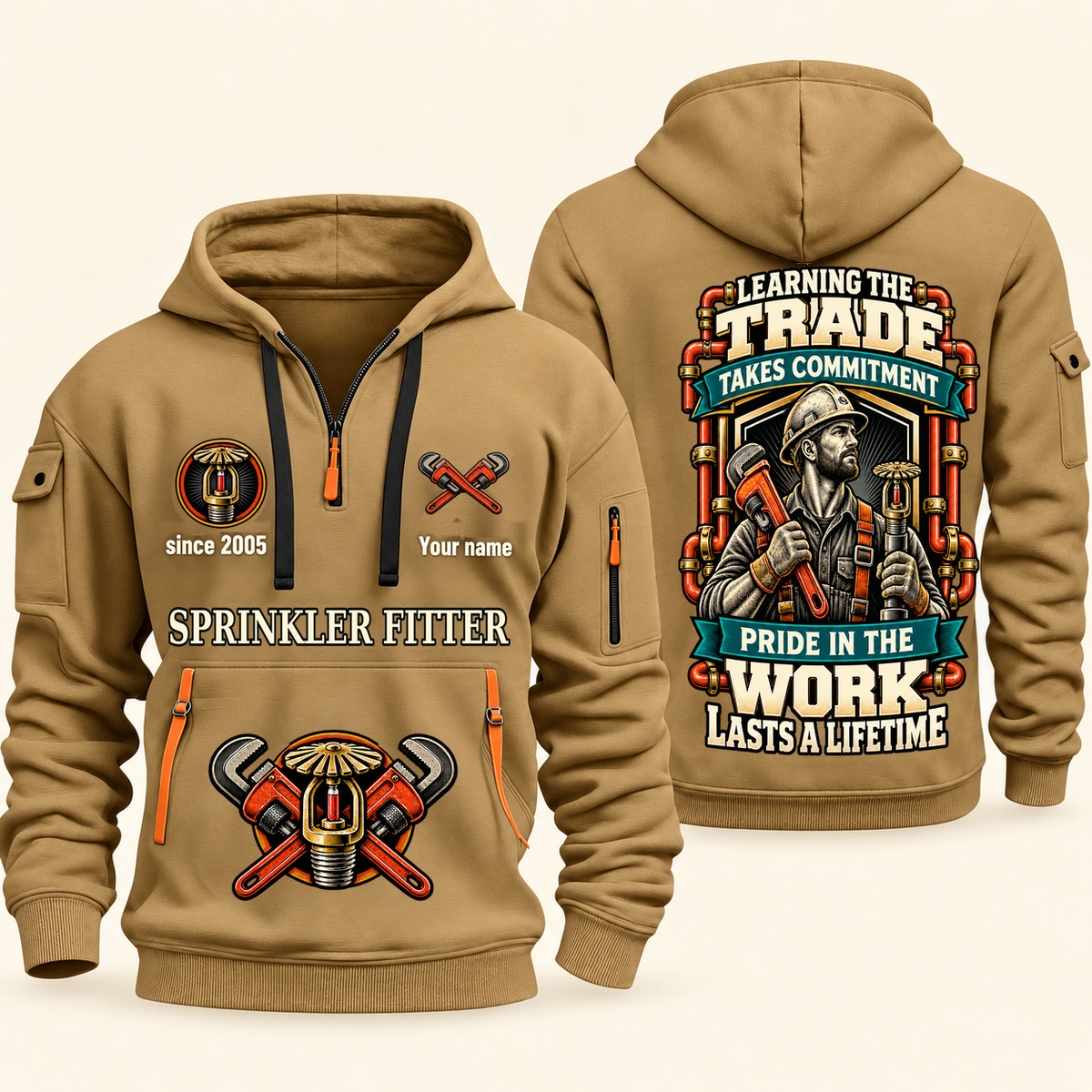Sprinkler Fitter Pride in the Trade Quarter-Zip Hoodie in Khaki, authentic overlapping front and back views with sprinkler fitter artwork and source sample name/year lettering.