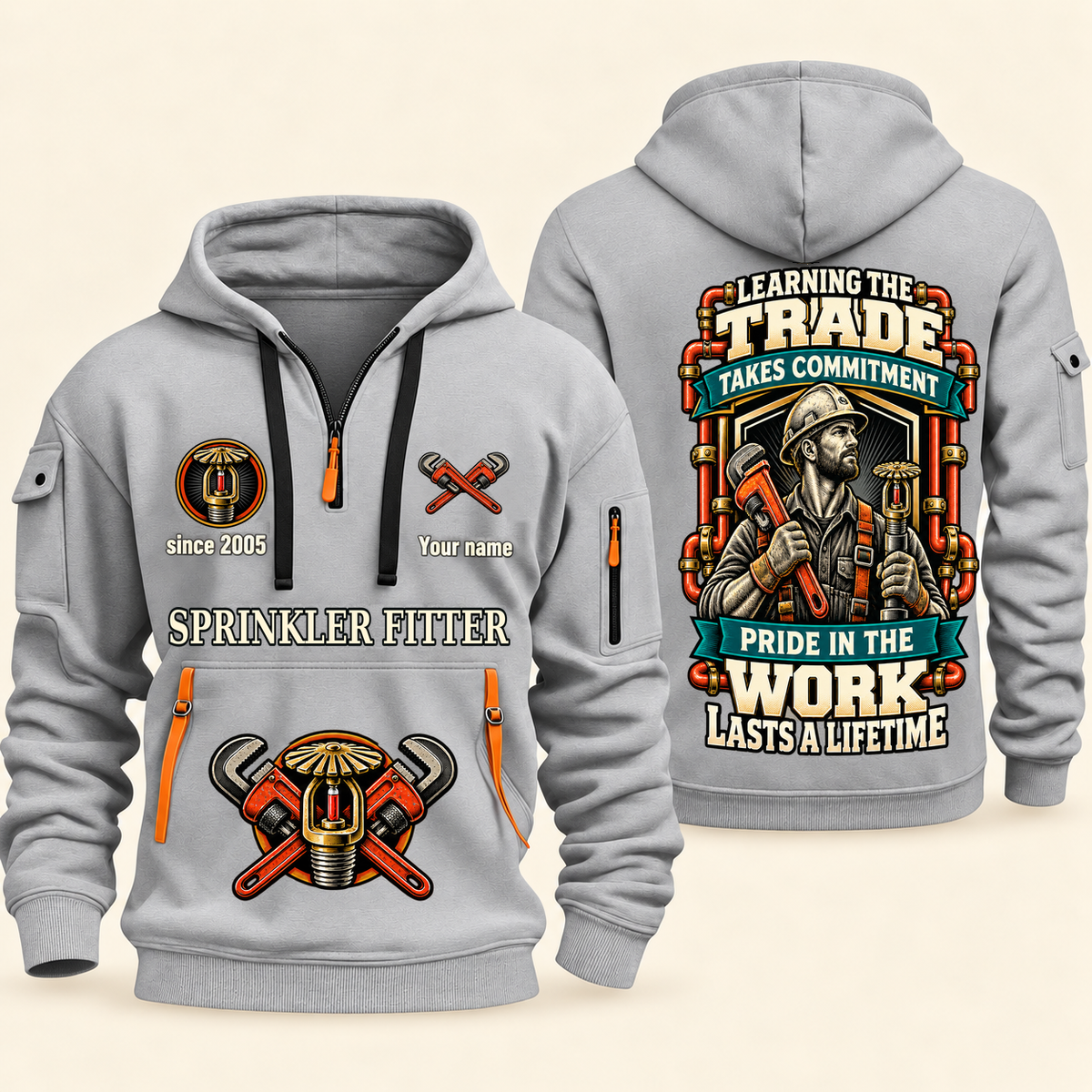 Sprinkler Fitter Pride in the Trade Quarter-Zip Hoodie in Light Grey, authentic overlapping front and back views with sprinkler fitter artwork and source sample name/year lettering.