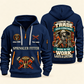 Sprinkler Fitter Pride in the Trade Quarter-Zip Hoodie in Navy, authentic overlapping front and back views with sprinkler fitter artwork and source sample name/year lettering.