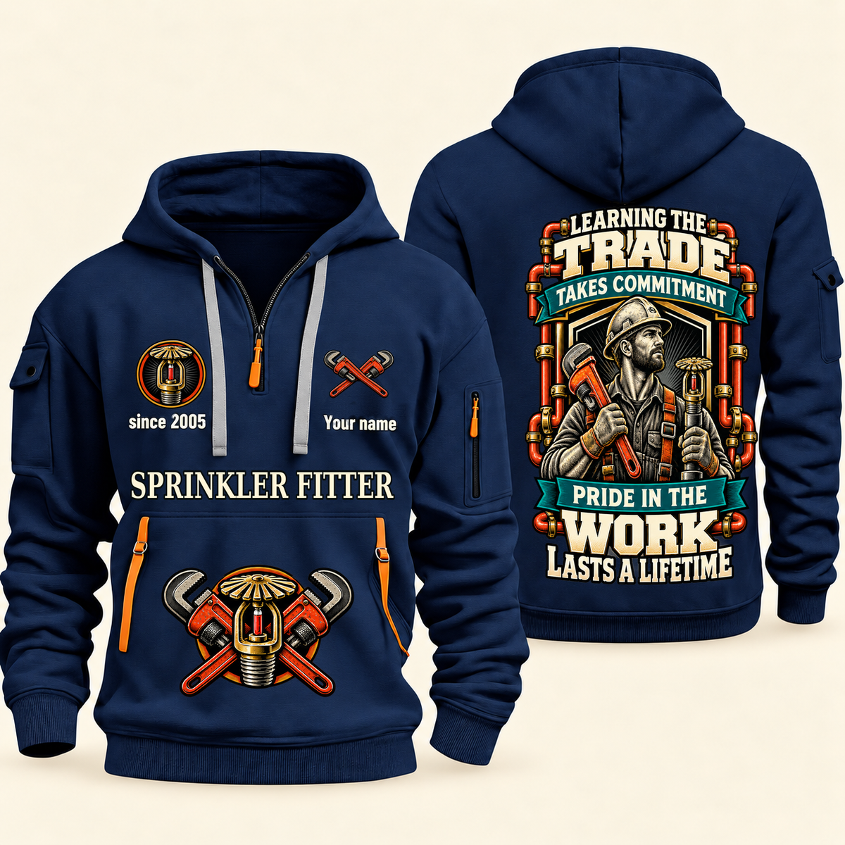 Sprinkler Fitter Pride in the Trade Quarter-Zip Hoodie in Navy, authentic overlapping front and back views with sprinkler fitter artwork and source sample name/year lettering.