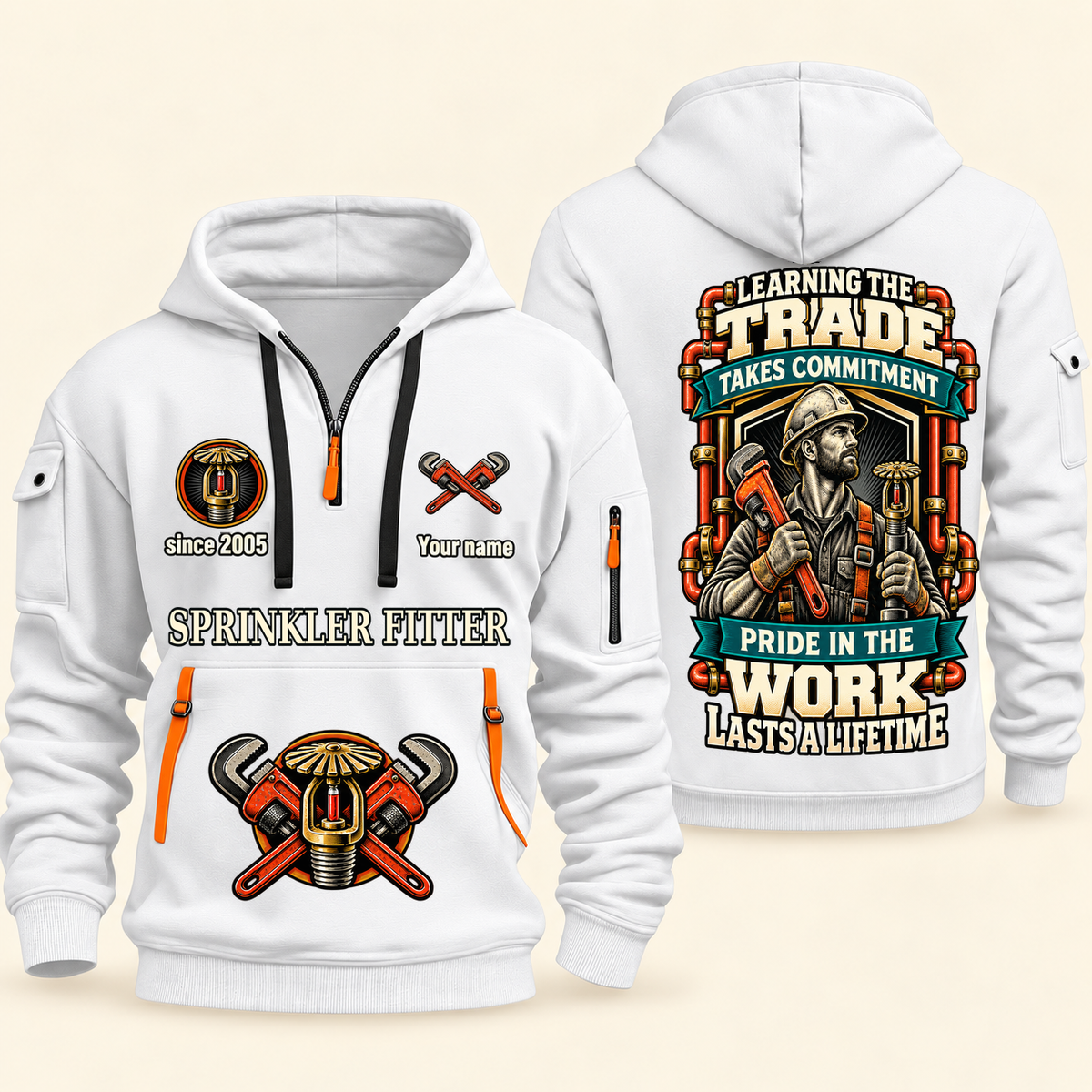 Sprinkler Fitter Pride in the Trade Quarter-Zip Hoodie in White, authentic overlapping front and back views with sprinkler fitter artwork and source sample name/year lettering.