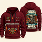 Sprinkler Fitter Pride in the Trade Quarter-Zip Hoodie in Wine Red, authentic overlapping front and back views with sprinkler fitter artwork and source sample name/year lettering.