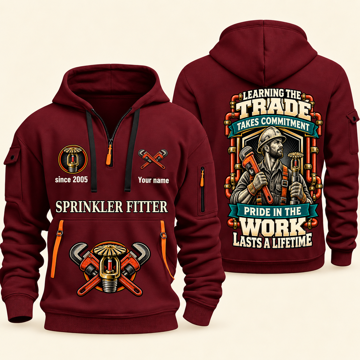 Sprinkler Fitter Pride in the Trade Quarter-Zip Hoodie in Wine Red, authentic overlapping front and back views with sprinkler fitter artwork and source sample name/year lettering.