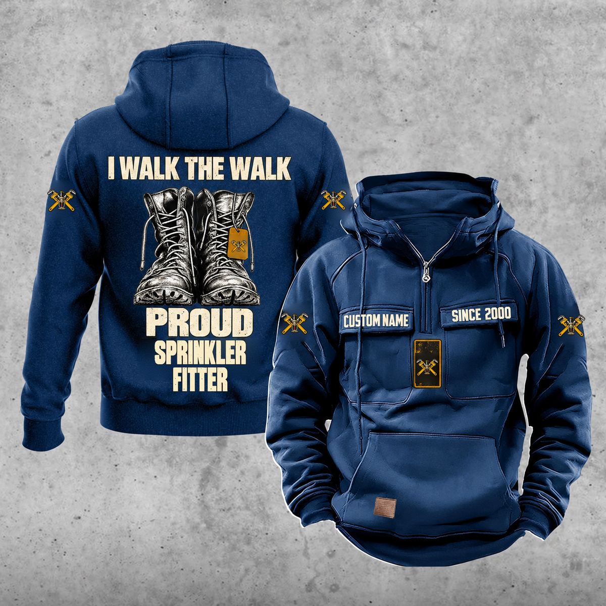Sprinkler Fitter Proud Walk Vintage Hoodie, Dark Blue.