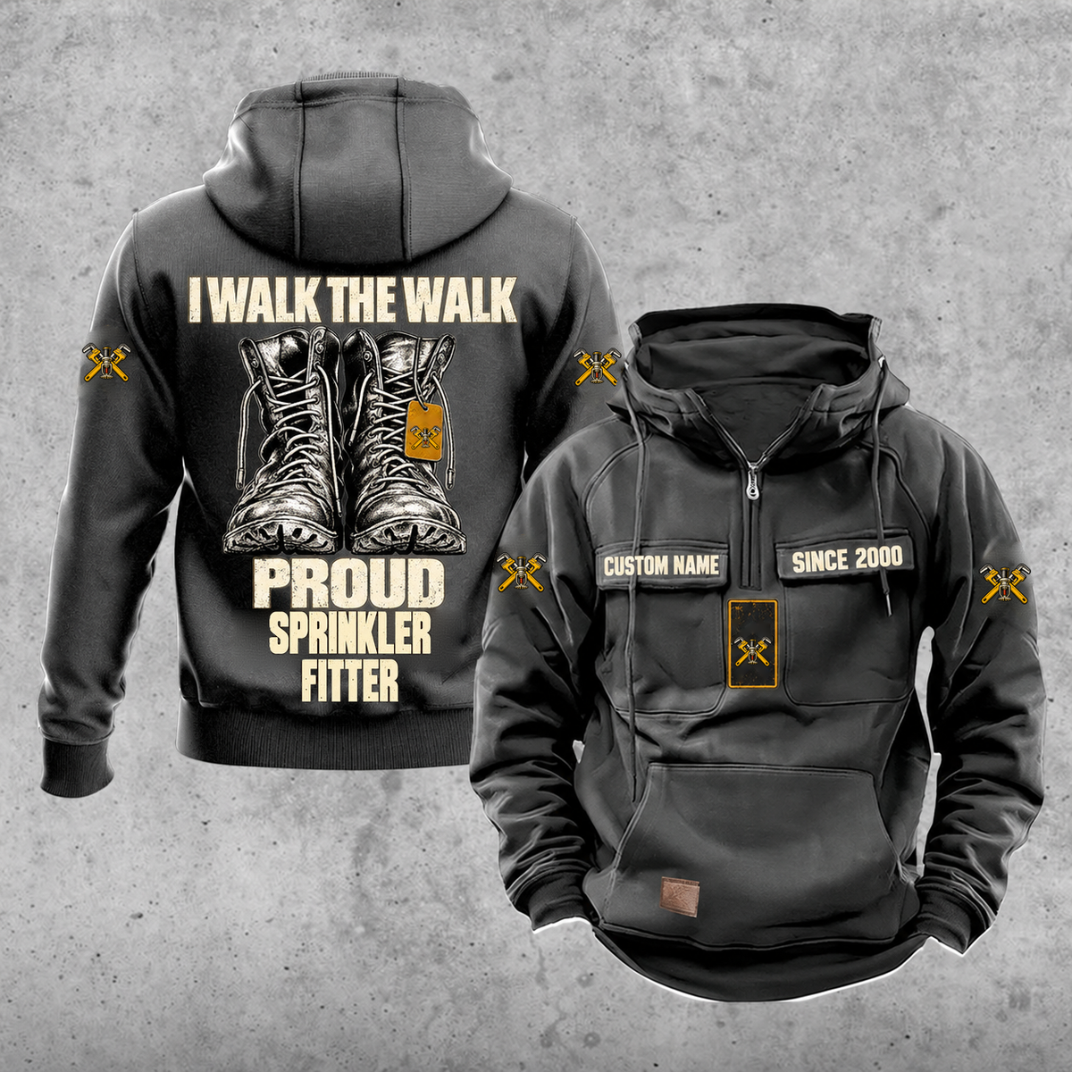 Sprinkler Fitter Proud Walk Vintage Hoodie, Dark Gray.