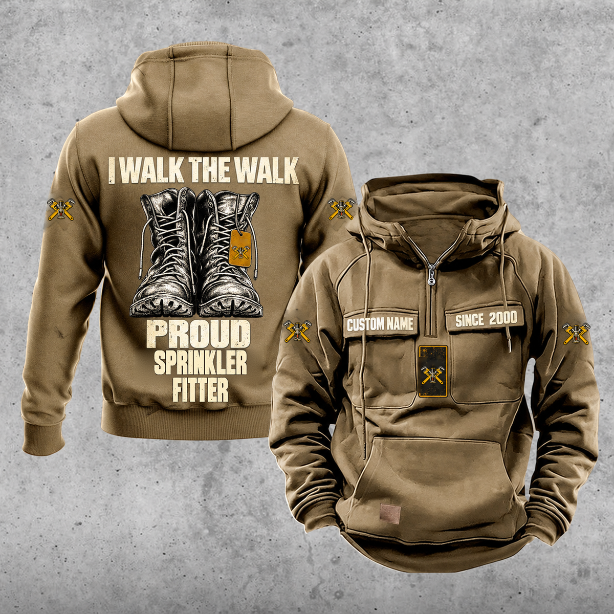 Sprinkler Fitter Proud Walk Vintage Hoodie, Kaki.