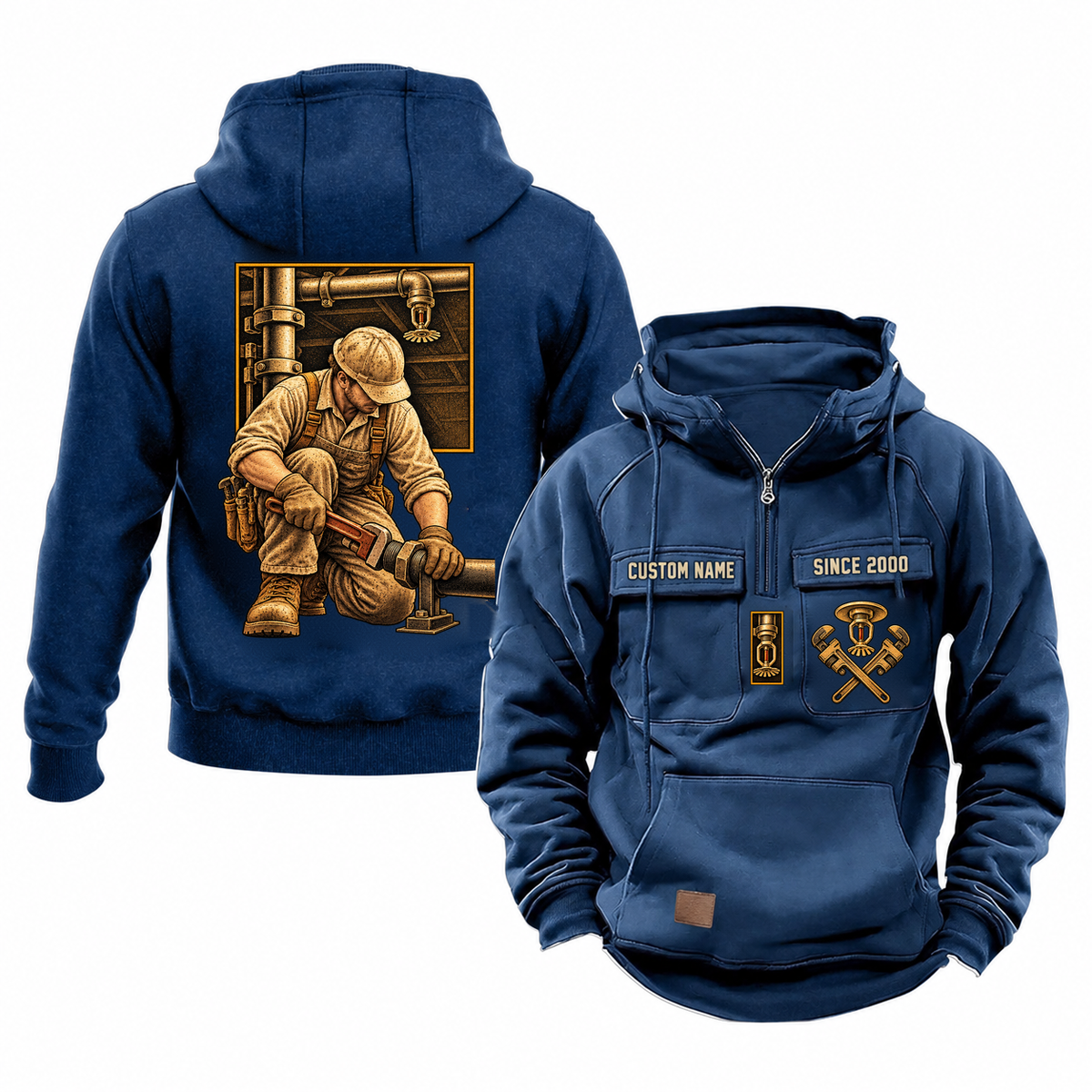 Sprinkler Fitter Ready Every Day Portrait Vintage Hoodie in Dark Blue, front and back views with a kneeling trade portrait, square scene panel and coordinated chest emblems; illustrative CUSTOM NAME and SINCE 2000 samples.