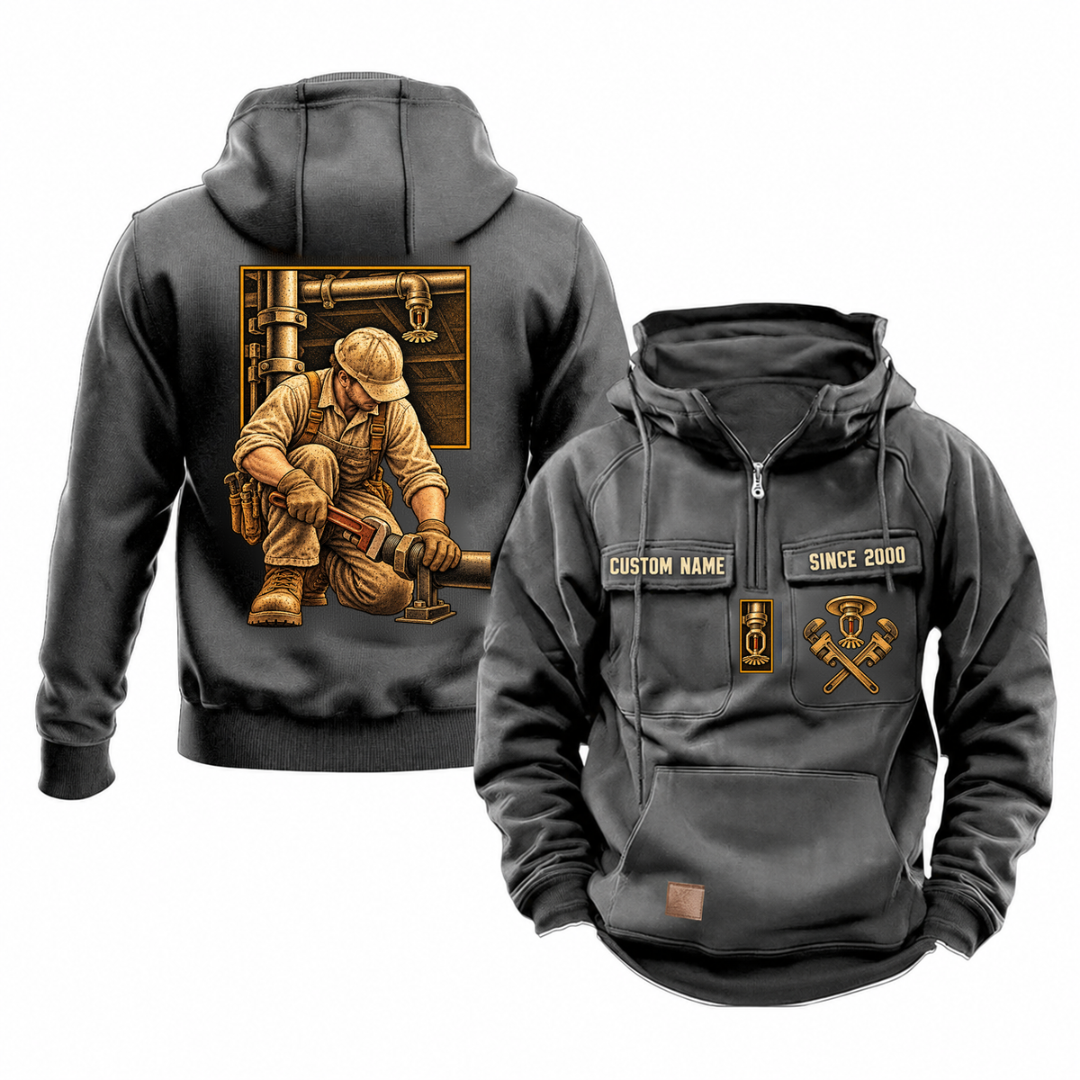 Sprinkler Fitter Ready Every Day Portrait Vintage Hoodie in Dark Gray, front and back views with a kneeling trade portrait, square scene panel and coordinated chest emblems; illustrative CUSTOM NAME and SINCE 2000 samples.