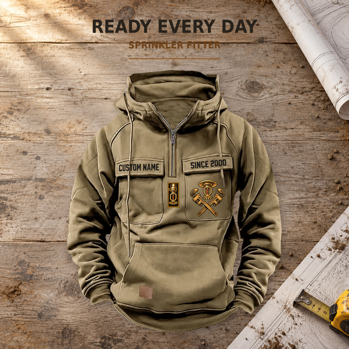 Sprinkler Fitter Ready Every Day Portrait Vintage Hoodie in Kaki, complete front view on a warm workbench.