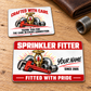 Sprinkler Fitter Red Header Aluminum Wallet Card, complete front and reverse; the reverse shows Crafted with Care, matching pipe-wrench and fire-sprinkler artwork, and Thank You for the Care in Every Connection. Two views of one card, not separate variants.