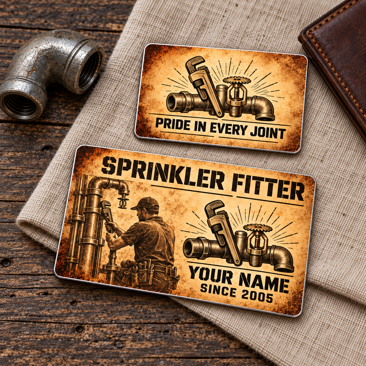 Sprinkler Fitter Sepia Legacy Aluminum Wallet Card, complete front and reverse with sepia parchment and black printed artwork, pipe-wrench, steel pipework and fire-sprinkler motifs. Fixed illustrative artwork as shown.