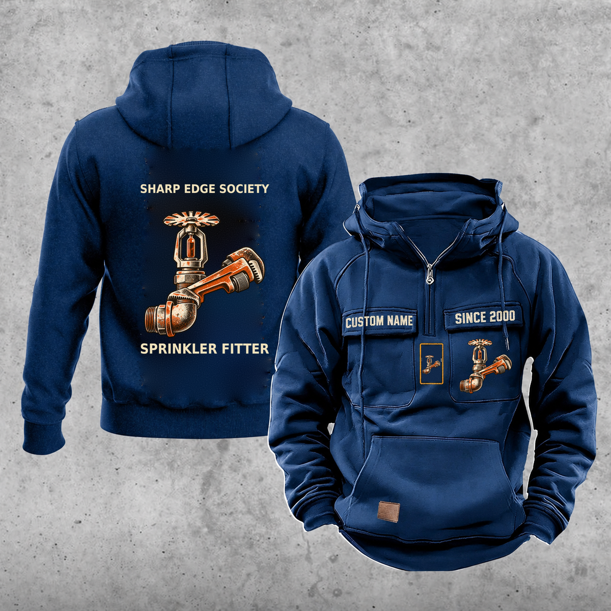 Sprinkler Fitter Vintage Hoodie - Sharp Edge Society — Dark Blue; faithful original Vintage Hoodie front and back artwork; CUSTOM NAME and SINCE 2000 on front chest.