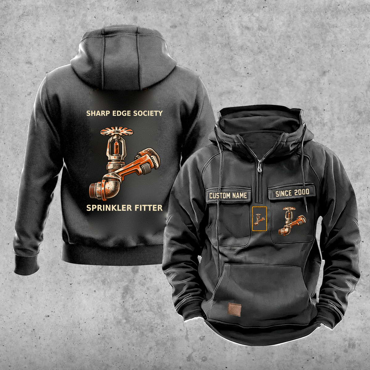 Sprinkler Fitter Vintage Hoodie - Sharp Edge Society — Dark Gray; faithful original Vintage Hoodie front and back artwork; CUSTOM NAME and SINCE 2000 on front chest.