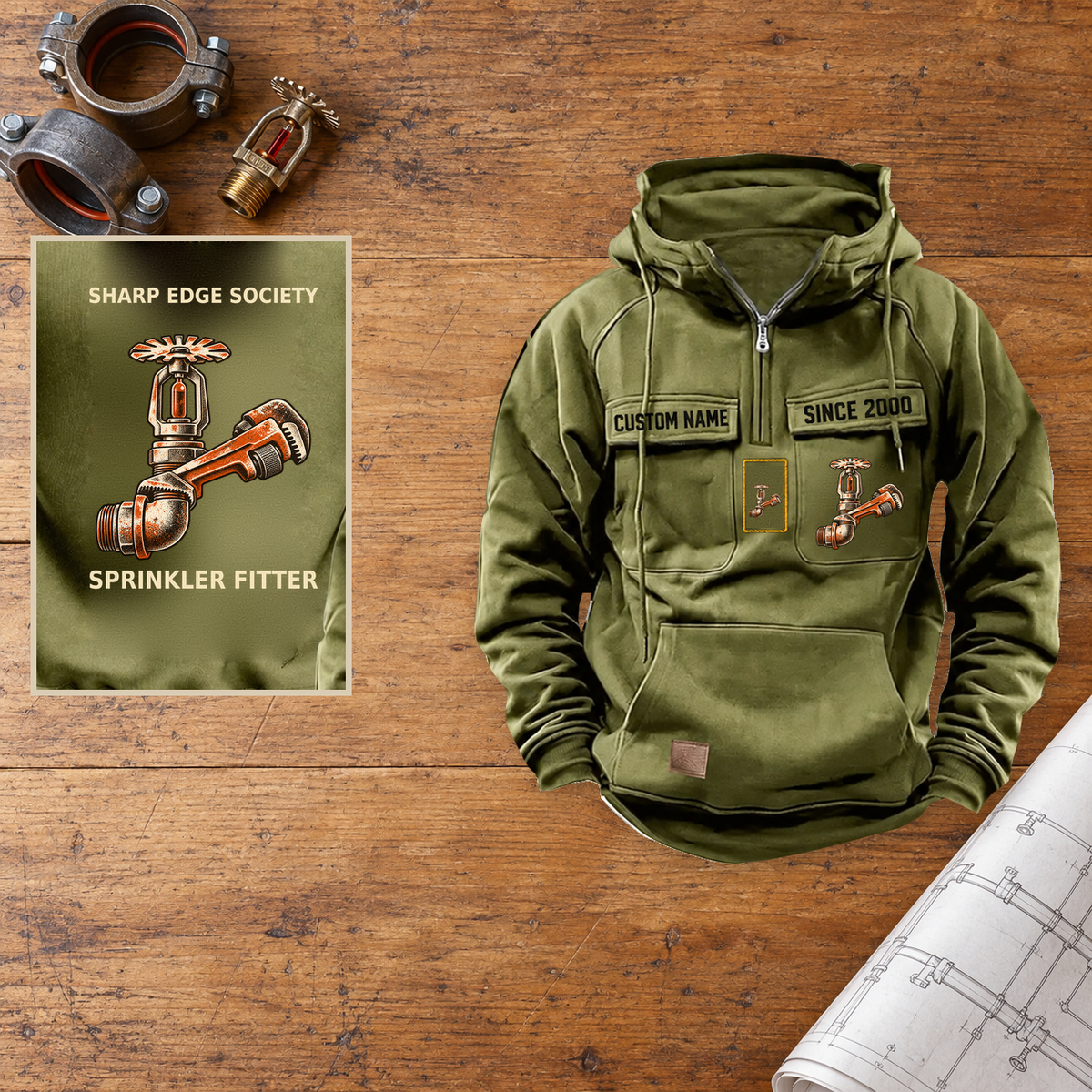 Sprinkler Fitter Vintage Hoodie - Sharp Edge Society — Hero; faithful original Vintage Hoodie front and back artwork; CUSTOM NAME and SINCE 2000 on front chest.