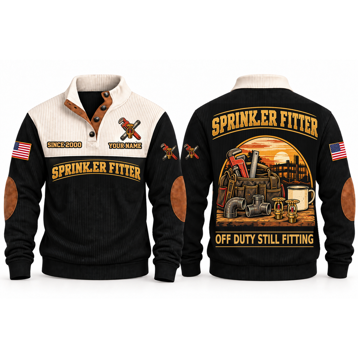 Sprinkler Fitter Fitting Shift Sports Sweatshirt in Black, front and back garment views with pipe-fitting tool bag, pipe fittings, sprinkler heads and coffee mug, off-duty trade equipment scene, OFF DUTY STILL FITTING lettering and source sample YOUR NAME and SINCE 2000 text.