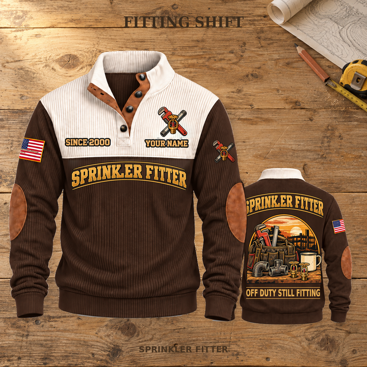 Sprinkler Fitter Fitting Shift Sports Sweatshirt in Brown, source-faithful front and back views on a warm wooden workbench, with FITTING SHIFT headline.