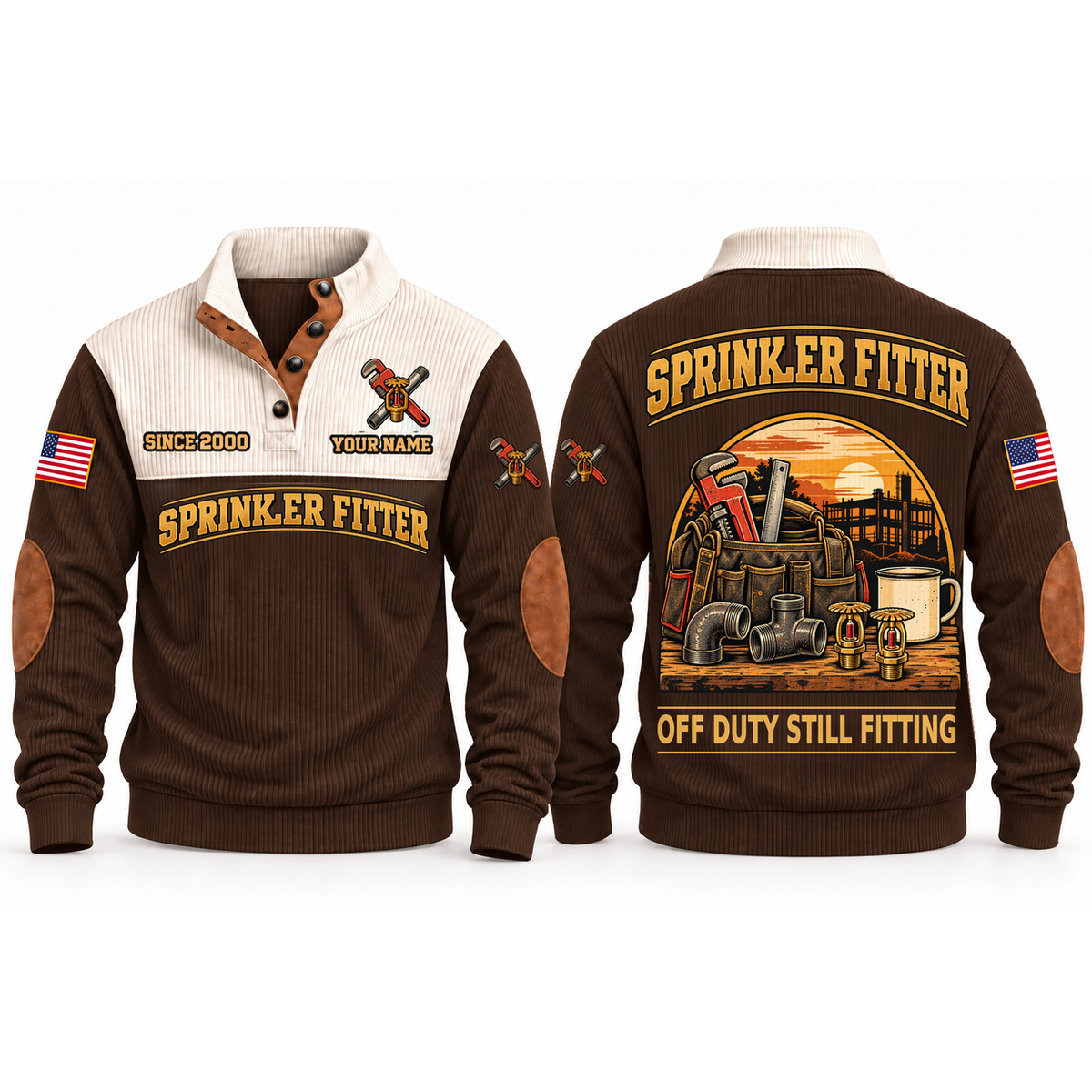 Sprinkler Fitter Fitting Shift Sports Sweatshirt in Brown, front and back garment views with pipe-fitting tool bag, pipe fittings, sprinkler heads and coffee mug, off-duty trade equipment scene, OFF DUTY STILL FITTING lettering and source sample YOUR NAME and SINCE 2000 text.