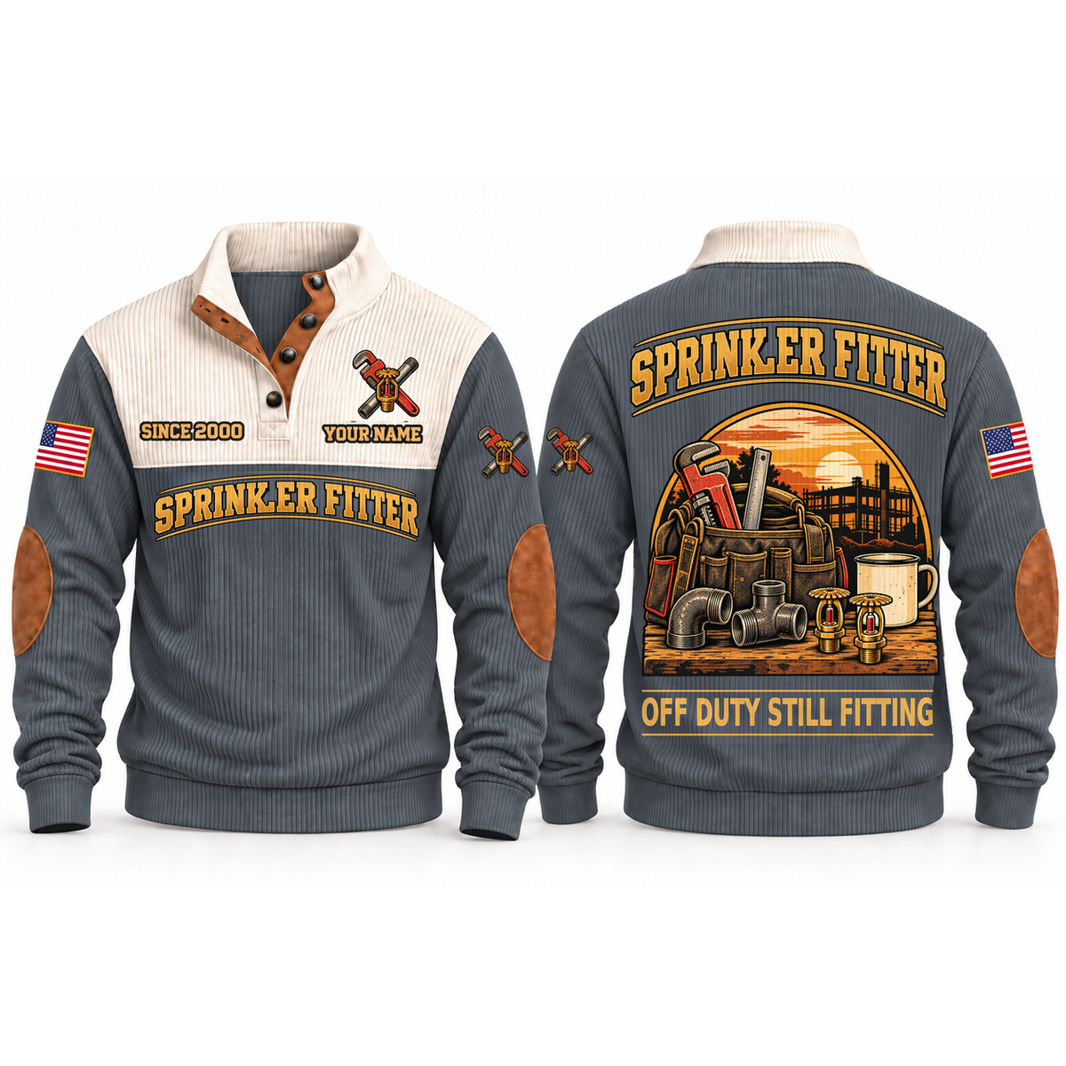 Sprinkler Fitter Fitting Shift Sports Sweatshirt in Grey, front and back garment views with pipe-fitting tool bag, pipe fittings, sprinkler heads and coffee mug, off-duty trade equipment scene, OFF DUTY STILL FITTING lettering and source sample YOUR NAME and SINCE 2000 text.