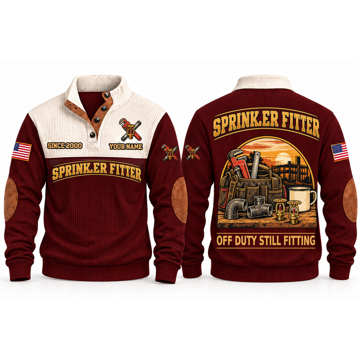 Sprinkler Fitter Fitting Shift Sports Sweatshirt in Jujube Red, front and back garment views with pipe-fitting tool bag, pipe fittings, sprinkler heads and coffee mug, off-duty trade equipment scene, OFF DUTY STILL FITTING lettering and source sample YOUR NAME and SINCE 2000 text.