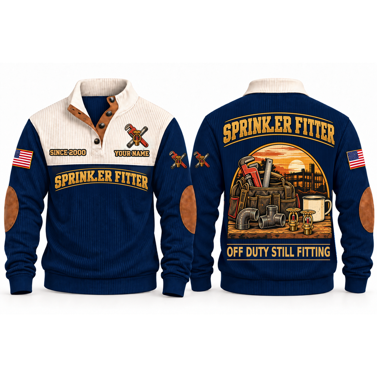 Sprinkler Fitter Fitting Shift Sports Sweatshirt in Navy, front and back garment views with pipe-fitting tool bag, pipe fittings, sprinkler heads and coffee mug, off-duty trade equipment scene, OFF DUTY STILL FITTING lettering and source sample YOUR NAME and SINCE 2000 text.