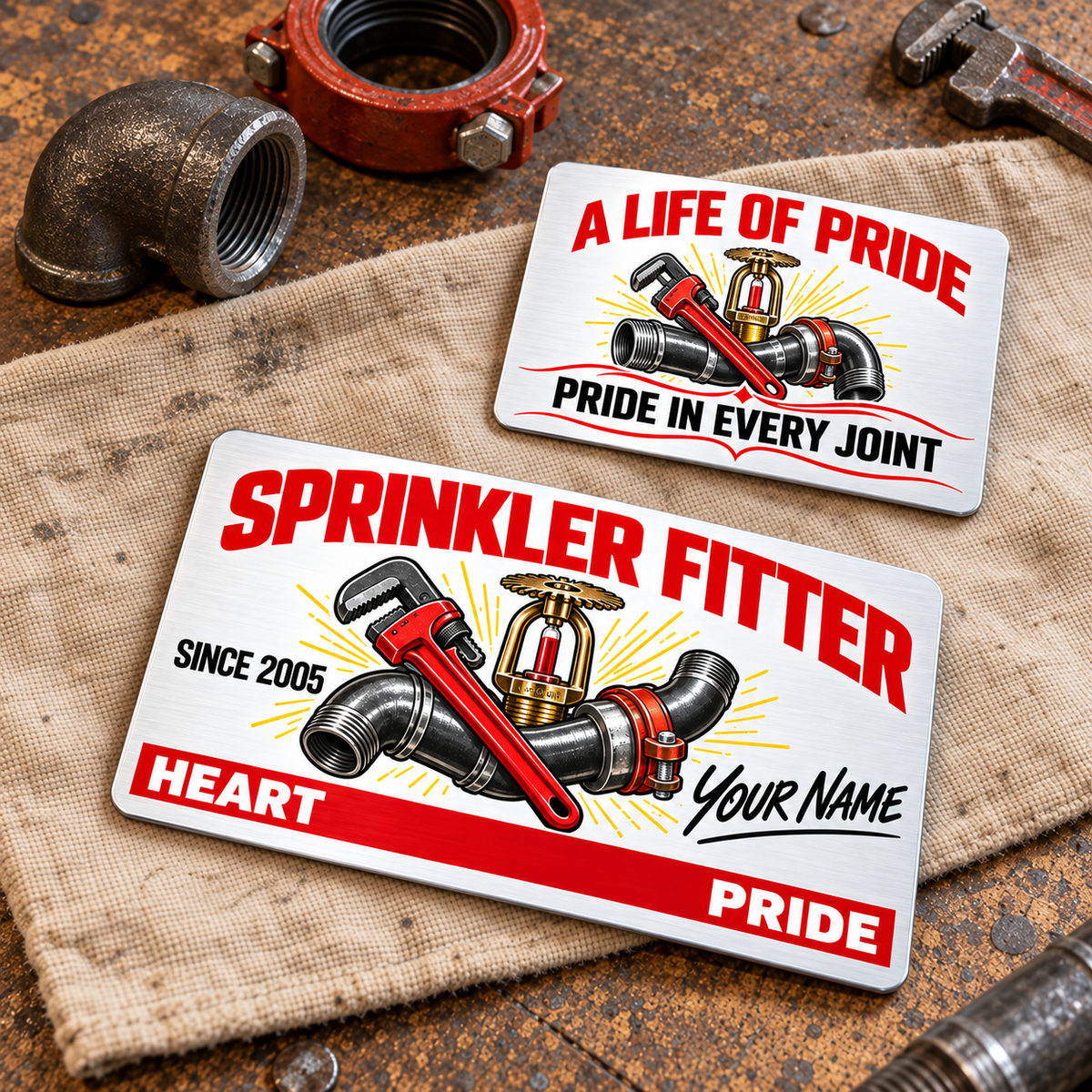 Sprinkler Fitter Signature Classic Aluminum Wallet Card, showing the complete front and reverse with airy white and red artwork, flowing black sample name lettering, pipe wrenches, steel pipework and brass fire-sprinkler heads; two views of one fixed-artwork card.