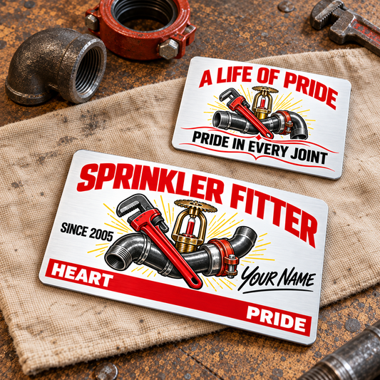 Sprinkler Fitter Signature Classic Aluminum Wallet Card, showing the complete front and reverse with airy white and red artwork, flowing black sample name lettering, pipe wrenches, steel pipework and brass fire-sprinkler heads; two views of one fixed-artwork card.