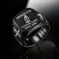 Black-finish Sprinkler Fitter Signature Crest signet ring with pendent fire-sprinkler head, pipe wrench and threaded-pipe shoulder engraving, and illustrated CUSTOM NAME and SINCE 2000 text