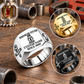 Sprinkler Fitter Signature Crest rings in a Silver-led display with smaller Gold and Black circular insets on a stationary sprinkler-fitting workbench