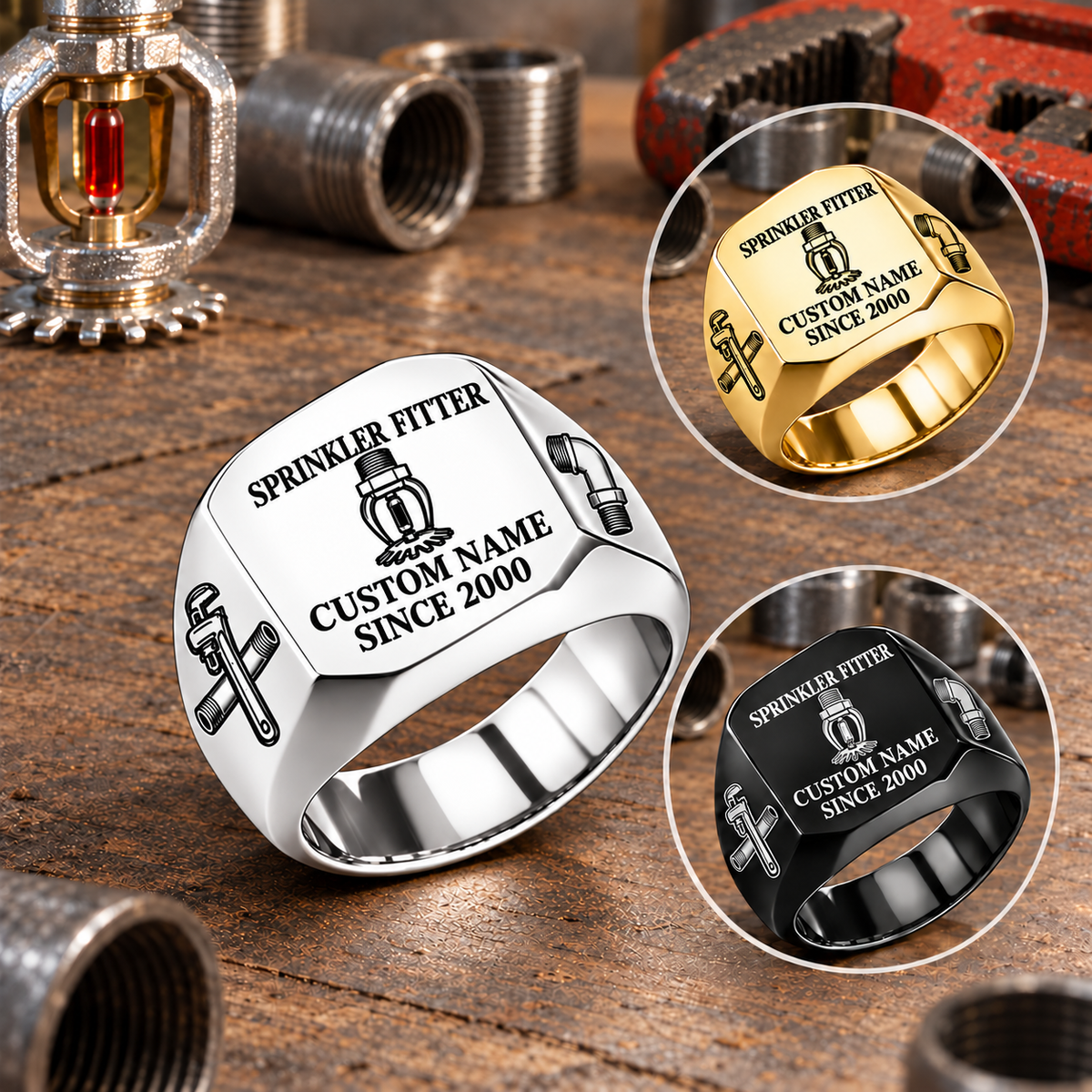 Sprinkler Fitter Signature Crest rings in a Silver-led display with smaller Gold and Black circular insets on a stationary sprinkler-fitting workbench