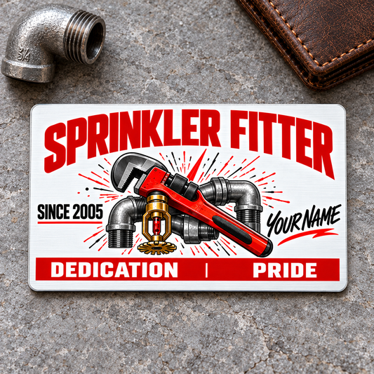 Sprinkler Fitter Signature Modern Aluminum Wallet Card, complete front with white red graphite printed artwork, pipe-wrench, steel pipework and fire-sprinkler motifs. Fixed illustrative artwork as shown.
