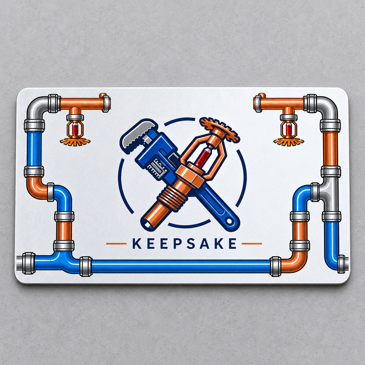 Sprinkler Fitter Signature Stripe aluminum wallet card reverse with a silver-white field, blue pipe wrench crossed with a fire-sprinkler head, connected pipe border, and KEEPSAKE lettering.
