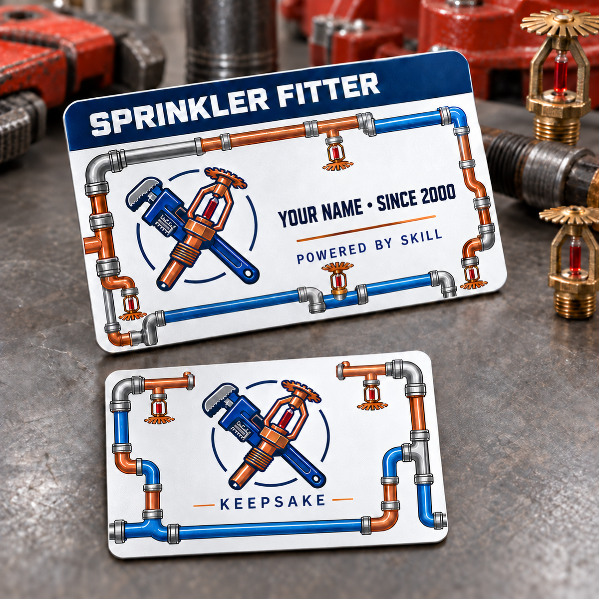 Sprinkler Fitter Signature Stripe Aluminum Wallet Card – product view with CUSTOM NAME and SINCE 2000