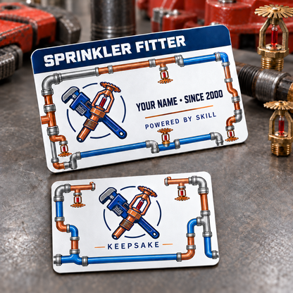 Sprinkler Fitter Signature Stripe Aluminum Wallet Card – product view with CUSTOM NAME and SINCE 2000