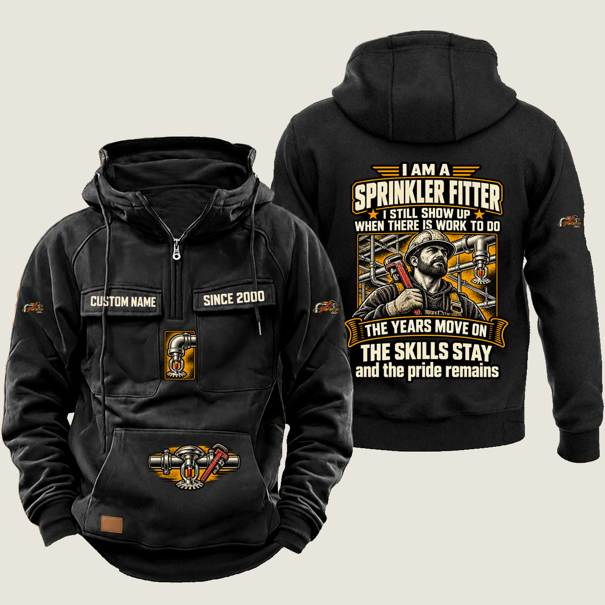 Sprinkler Fitter Skills and Pride Vintage Hoodie in Black, source-faithful front and back views with a trade portrait, experience-themed lettering and coordinated sleeve, chest and pouch emblems, and illustrative CUSTOM NAME and SINCE 2000 samples.