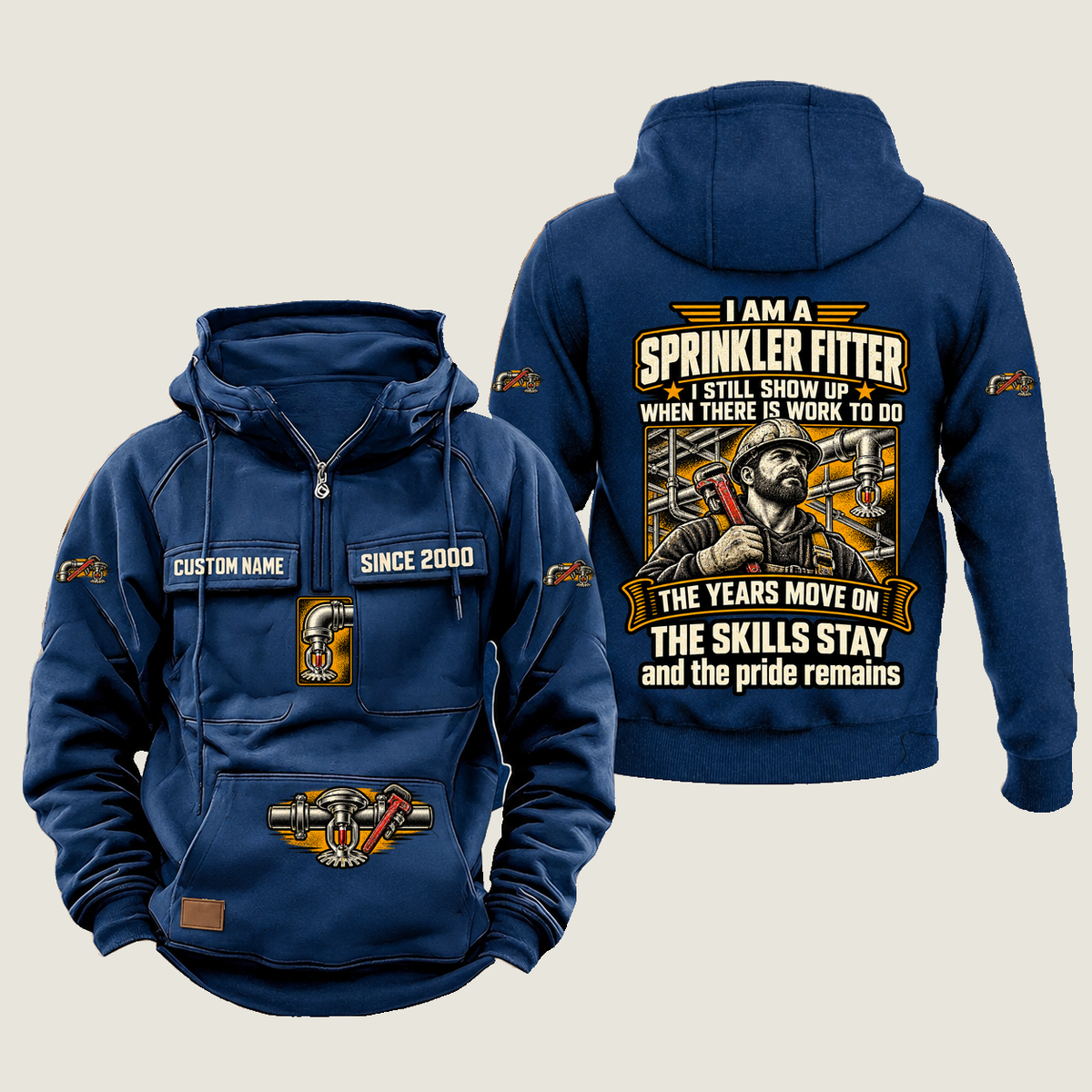 Sprinkler Fitter Skills and Pride Vintage Hoodie in Dark Blue, source-faithful front and back views with a trade portrait, experience-themed lettering and coordinated sleeve, chest and pouch emblems, and illustrative CUSTOM NAME and SINCE 2000 samples.