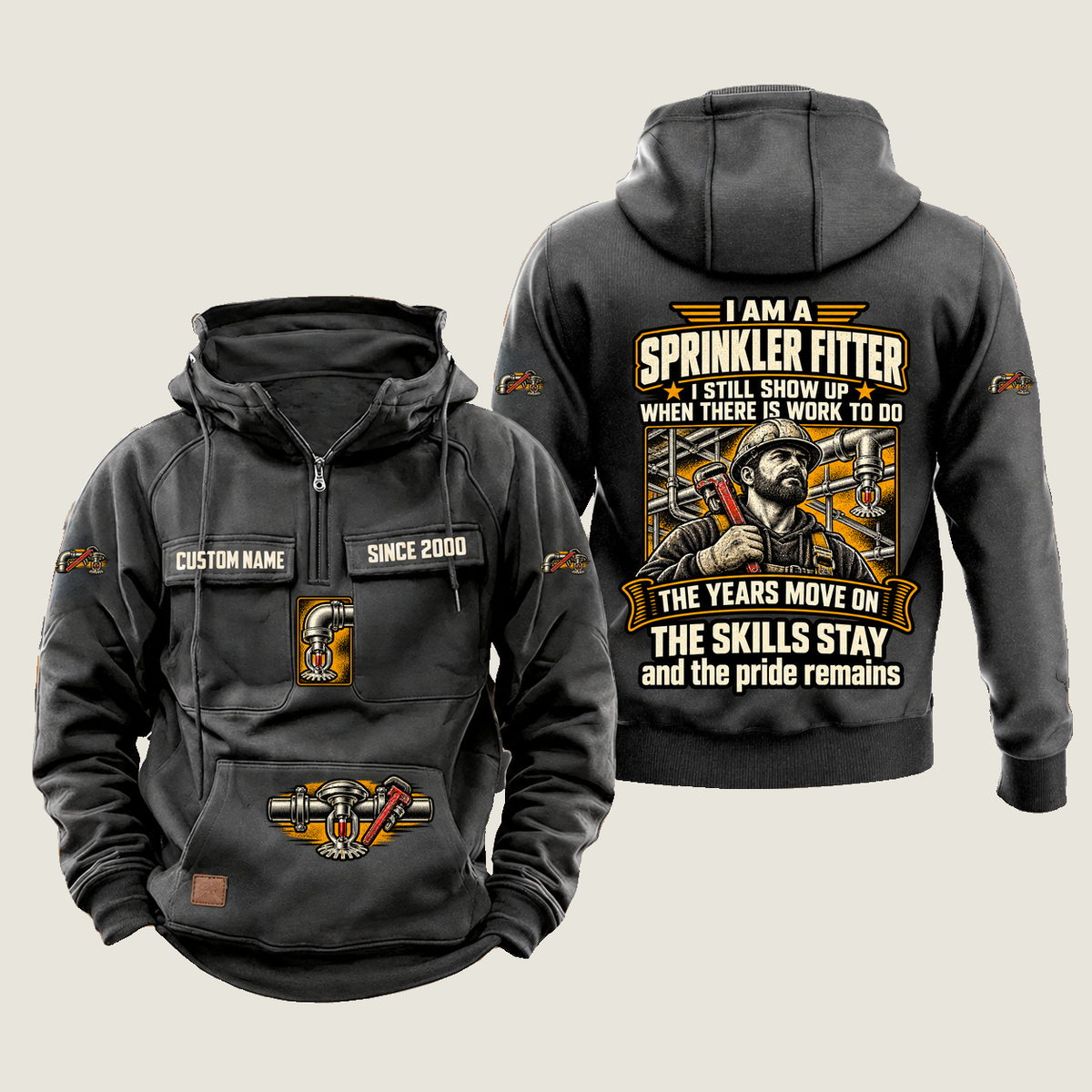 Sprinkler Fitter Skills and Pride Vintage Hoodie in Dark Gray, source-faithful front and back views with a trade portrait, experience-themed lettering and coordinated sleeve, chest and pouch emblems, and illustrative CUSTOM NAME and SINCE 2000 samples.