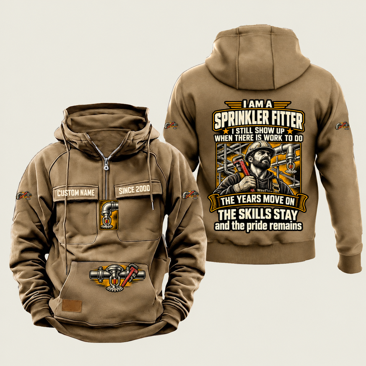 Sprinkler Fitter Skills and Pride Vintage Hoodie in Kaki, source-faithful front and back views with a trade portrait, experience-themed lettering and coordinated sleeve, chest and pouch emblems, and illustrative CUSTOM NAME and SINCE 2000 samples.
