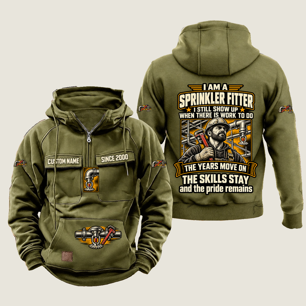 Sprinkler Fitter Skills and Pride Vintage Hoodie in Military Green, source-faithful front and back views with a trade portrait, experience-themed lettering and coordinated sleeve, chest and pouch emblems, and illustrative CUSTOM NAME and SINCE 2000 samples.