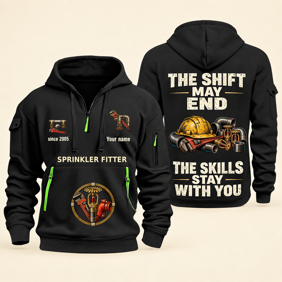 Sprinkler Fitter Skills Stay With You Quarter-Zip Hoodie in Black, full authentic front and back views with matching sprinkler fitter tools and equipment artwork, original sample name/year and Skills Stay With You slogan.