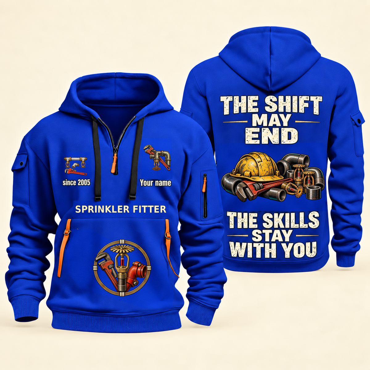 Sprinkler Fitter Skills Stay With You Quarter-Zip Hoodie in Blue, full authentic front and back views with matching sprinkler fitter tools and equipment artwork, original sample name/year and Skills Stay With You slogan.